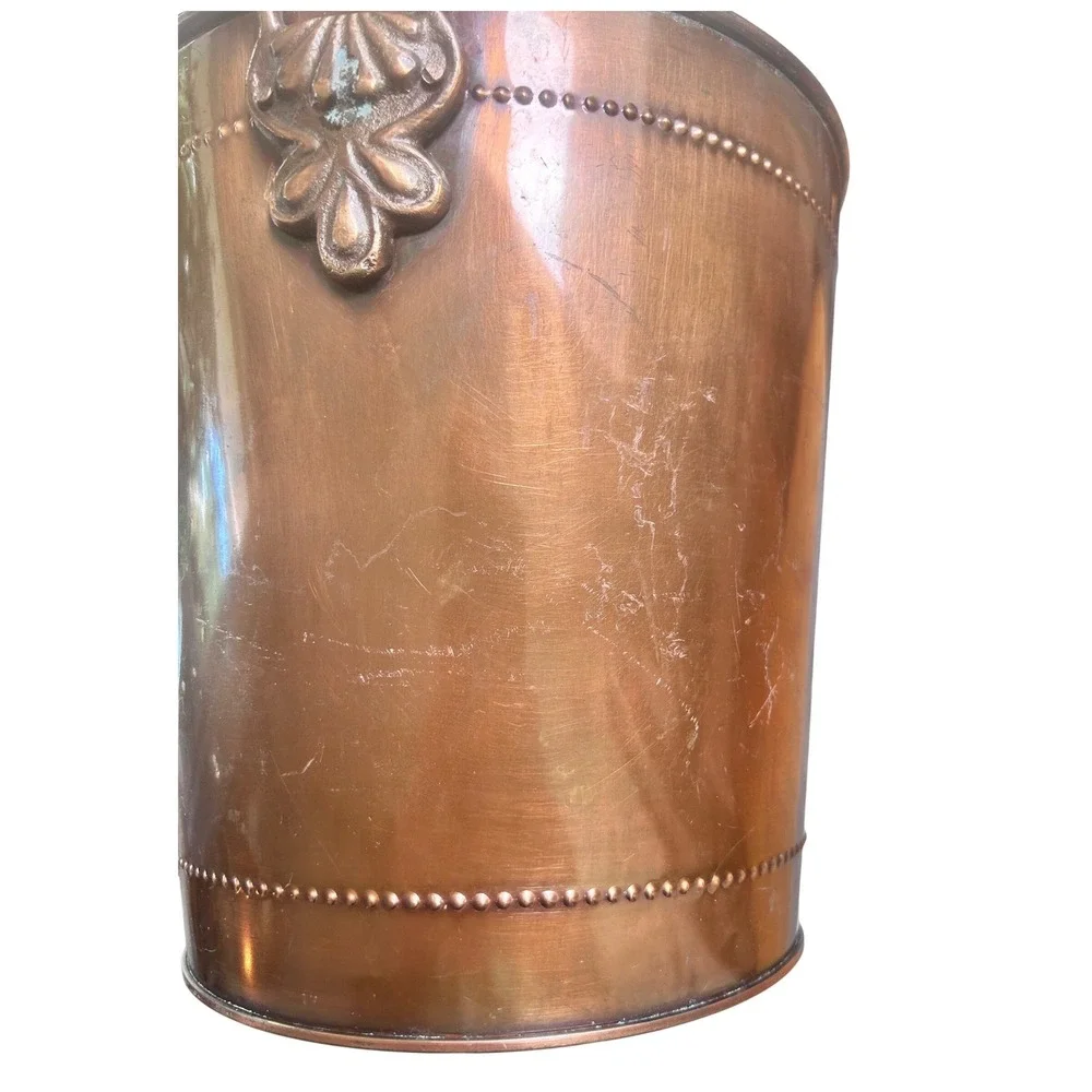 Vintage Solid Copper Bucket Wine Chiller Planter Beaded Trim Shell Handles 9